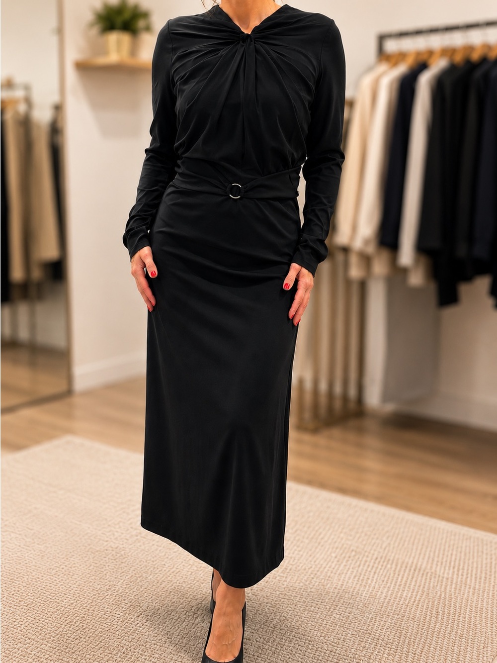 Rachel Comey Black Silk Long-Sleeve Draped Midi Dress with Ring Accents